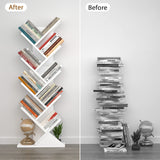 Topfurny Tree Bookshelf, 9-Tier Shelf Rustic Brown Bookcase, Retro Wood Storage Rack for CDs/Movies/Books, Anti-Fall Utility Organizer Shelves for Living Room, Bedroom, Home Office, White Topfurny