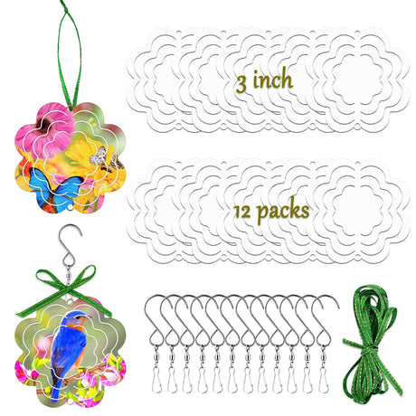 WindMage 12 Pack 3inch Sublimation Wind Spinner Blanks 3D Aluminum Metal Wind Sculpture Kinetic Spinners for Yard Garden Indoor Art Ornaments Xmas Hanging Decoration (Flower) WindMage