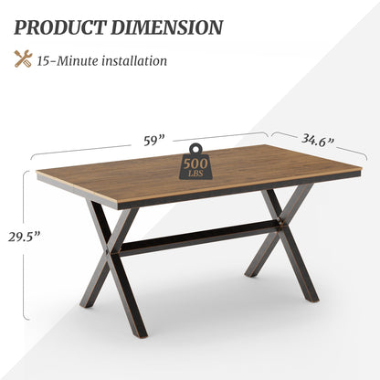 Cozyman Outdoor Dining Table for 6, HDPS and Alium Material, Patio Dining Table with X-Legs, 3-Year Warranty,Weather Resistant Dining Tables for Patio,Yard, Garden,and Lounge, Brown-Oil Printed