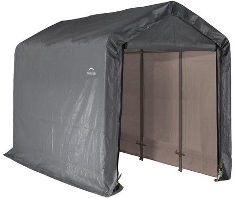 ShelterLogic 6' x 12' Shed-in-a-Box All Season Steel Metal Frame Peak Roof Outdoor Storage Shed with Waterproof Cover and Heavy Duty Reusable Auger Anchors, Grey ShelterLogic