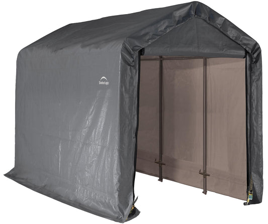 ShelterLogic 6' x 12' Shed-in-a-Box All Season Steel Metal Frame Peak Roof Outdoor Storage Shed with Waterproof Cover and Heavy Duty Reusable Auger Anchors, Grey - WoodArtSupply