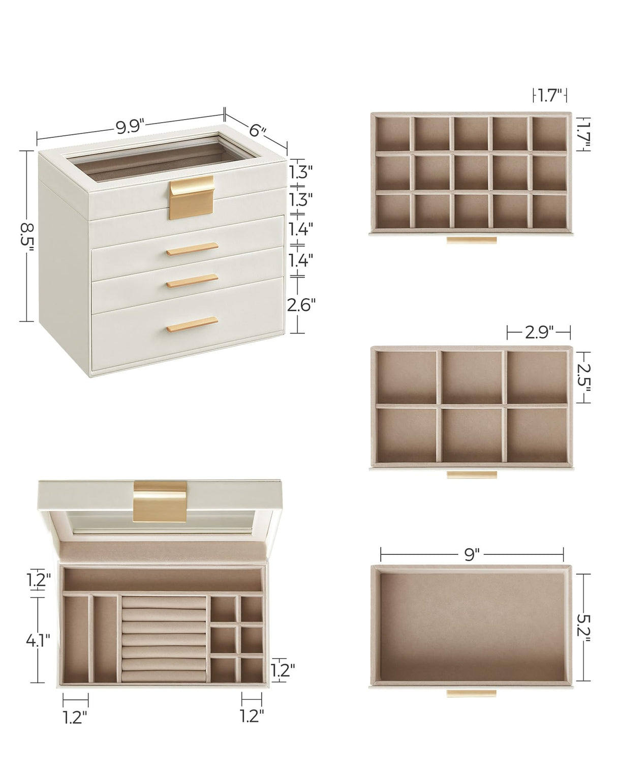 SONGMICS Jewelry Box Organizer with Glass Lid, 4-Layer Jewelry Storage, with 3 Drawers, Modern Style, 6 x 9.9 x 8.5 Inches, Cloud White and Gold Color UJBC161W01 SONGMICS