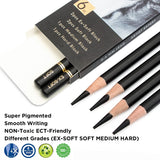 Brusarth Professional Charcoal Pencils Drawing Set - 6 Pieces Soft Medium and Hard Charcoal Pencils for Drawing, Sketching, Shading Brusarth