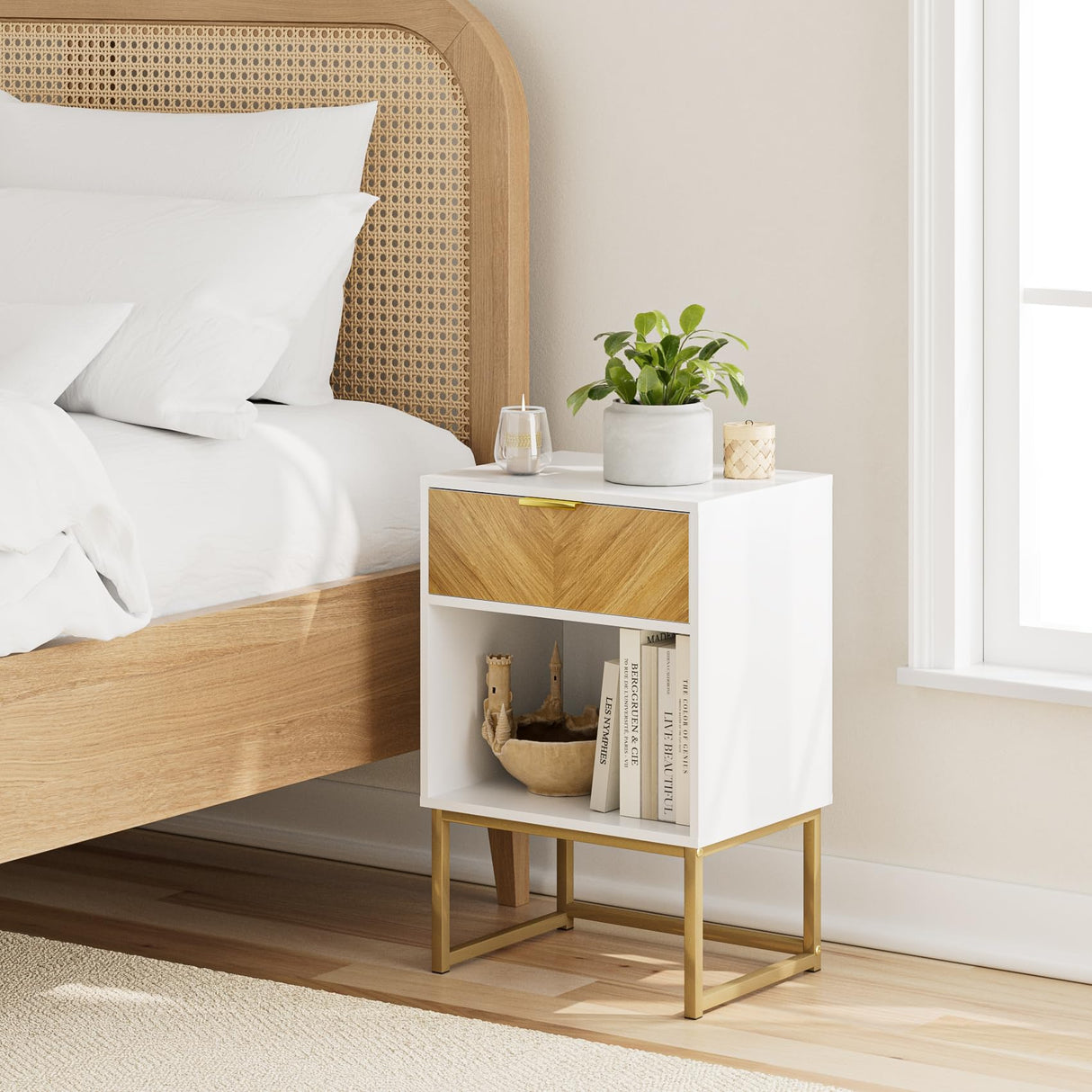 Masupu Nightstand,Modern Night Stand Boho Farmhouse Wood Bedside Table with Storage Drawer Side End Table for Bedroom,Living Room,Office,White Masupu