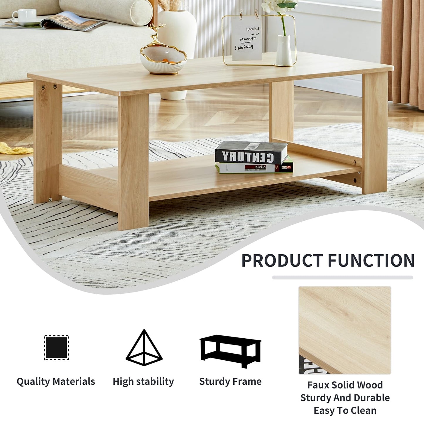 ZYLTHORN Coffee Tables for Living Room Small Coffee Tables for Small Spaces Wooden Coffee Table 2-Tier Coffee Table with Storage Double Layered (Natural Wood, 21.6"*43.3"*16.5")