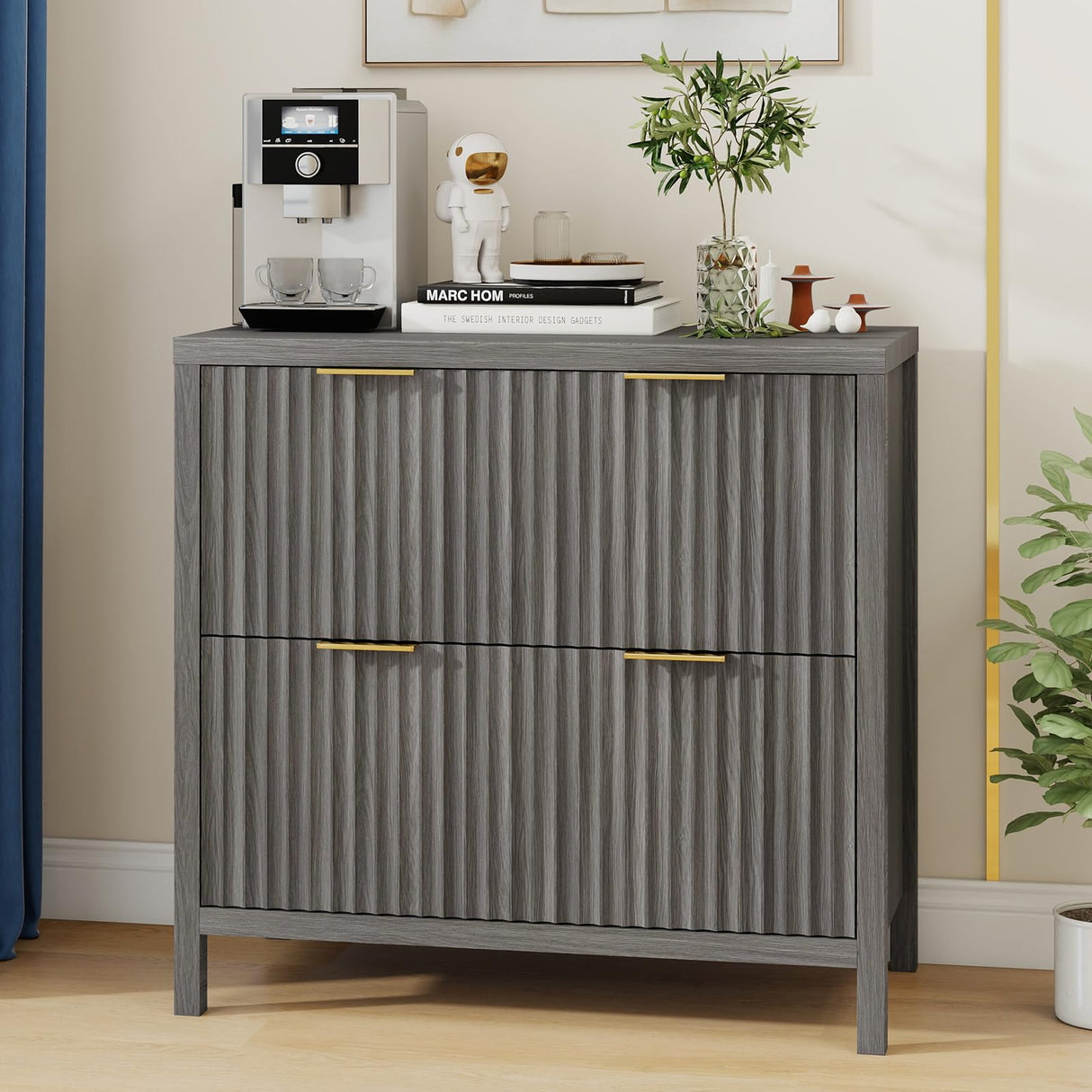 2 Drawer File Cabinet, Printer Stand Lateral Filing Cabinets for Hanging Letter/A4/Legal Size Files Fluted Wood Storage Cabinet for Home Office and School Halitaa