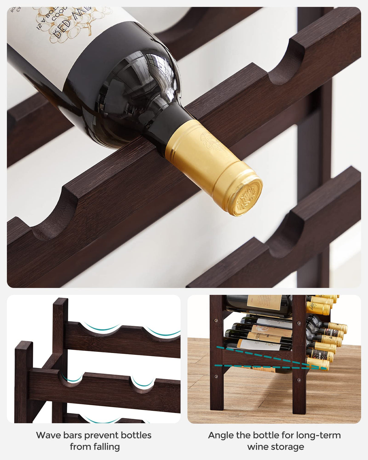 SONGMICS 30-Bottle Wine Rack, 5-Tier Freestanding Floor Bamboo Wine Holder, Display Stand Shelves, Wave Bars, Espresso UKWR25BR SONGMICS