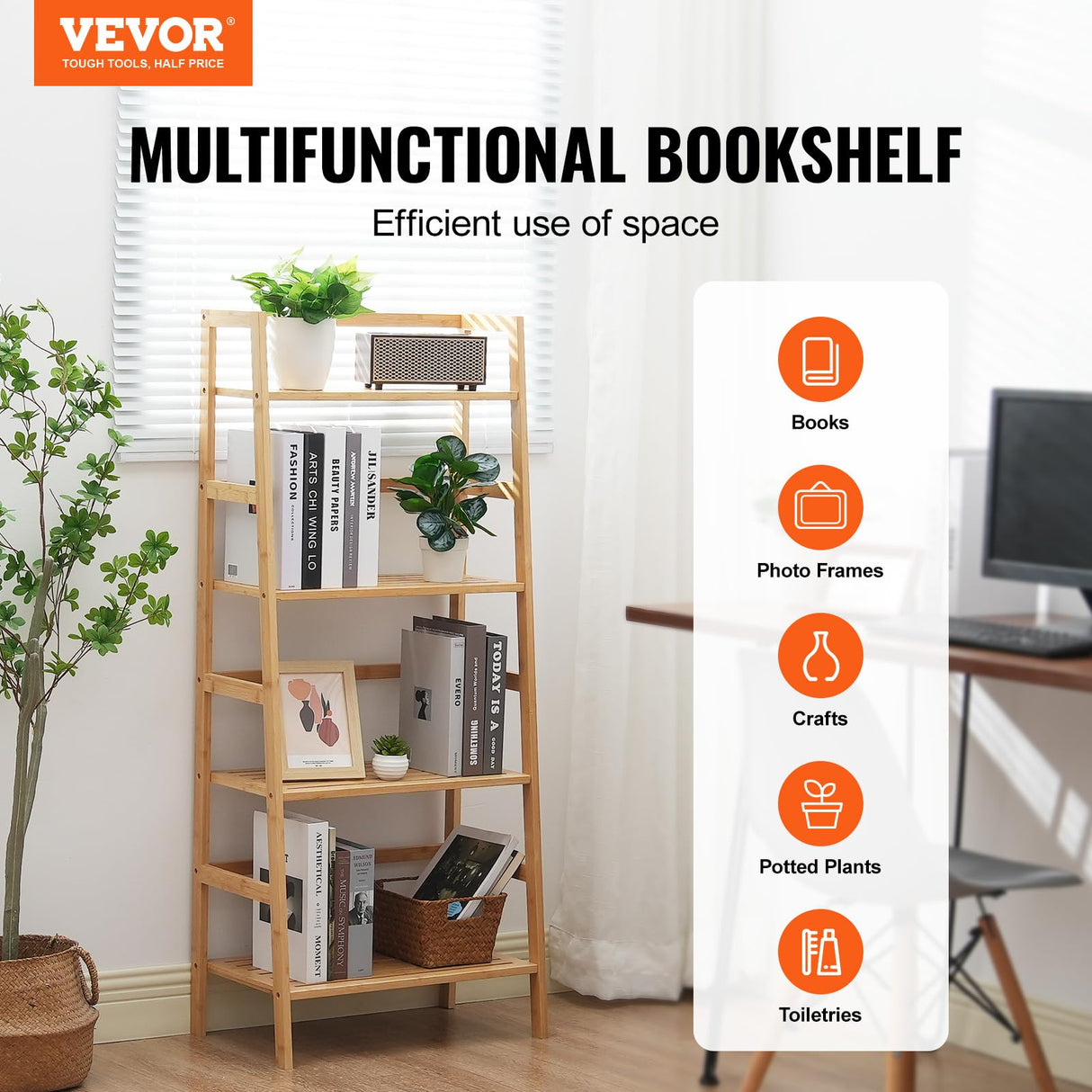 VEVOR 4-Tier Bamboo Ladder Shelf, Trapezoid Open Bookcase, Display Storage Rack Organizer, Freestanding Flower Plant Stand, Ladder Bookshelf Ideal for Bathroom, Bedroom, Office, Study, Natural VEVOR