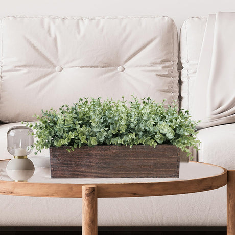 Winlyn 14" Artificial Eucalyptus in Rectangular Wood Planter Box Faux Plants Arrangement Centerpiece Wooden Potted Eucalyptus Plant for Farmhouse Wedding Dining Table Centerpiece Greenery Mantel Décor Winlyn