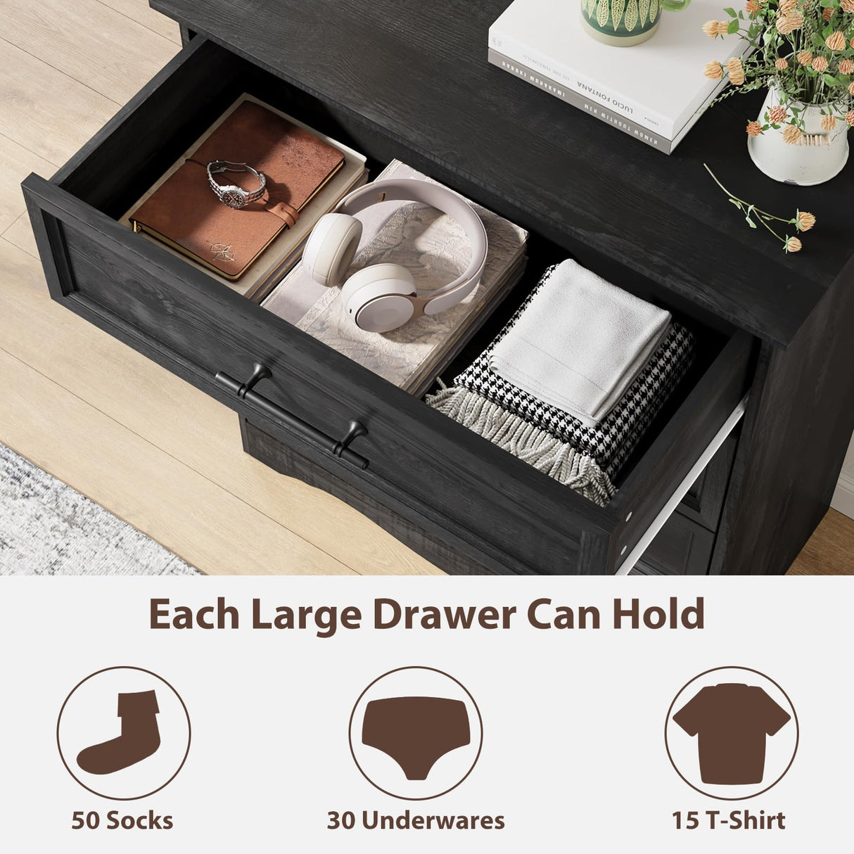 Black Dresser for Bedroom, Farmhouse 36" Tall 4 Drawer Chest with Sleek Brushed Metal Handles, Modern Wood Storage Cabinet with Unique Base Design, Closet Organizer for Bedroom, Living Room, Hallway YANSNWO