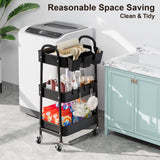 3 Tier Black Metal Rolling Cart with Lockable Wheels & Hanging Cups, Utility Storage Organizer for Bathroom, Kitchen, Laundry, Garage, Craft, Baby Diaper, Snack and Book, Easy Assembly Recximi