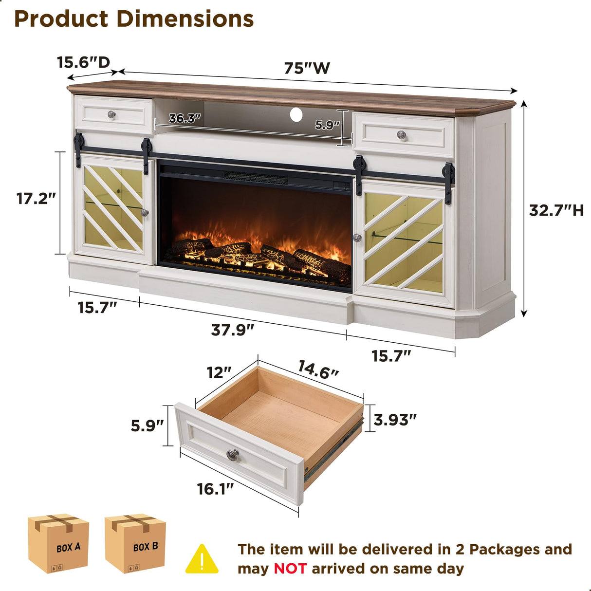 OKD 75” Fireplace TV Stand for 85 Inch TV, Farmhouse Highboy Entertainment Center with 36” Electric Fireplace, Modern Media Console Table with Drawers Storage&Cabinets for Living Room, Antique White OKD