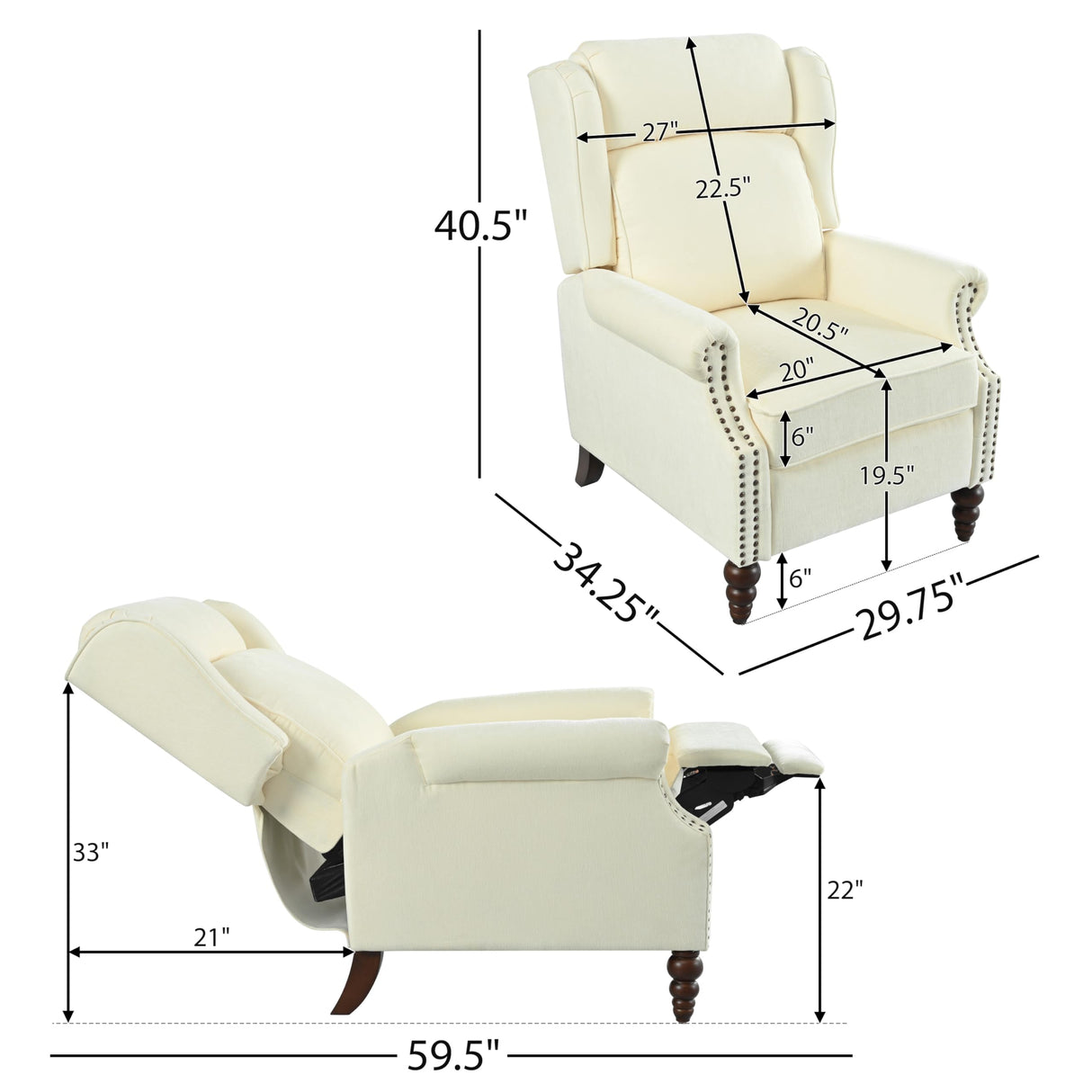 Christopher Knight Home 29.75" Push Back Recliner Chair,Upholstered Recliner Armchair with Classic Wing Back and Solid Gourd-Shaped Wooden Legs, Beige Christopher Knight Home