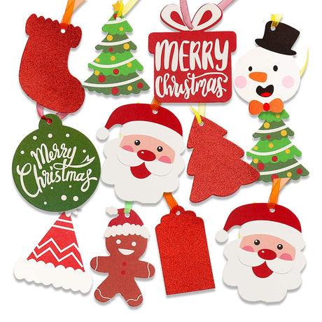 SULOLI Christmas Gift Tags, 100 Pieces Colorful Xmas Kraft Paper Tags Hanging Labels with Organza Strings for Xmas Gift Decorations (Assorted 10 Styles) SULOLI
