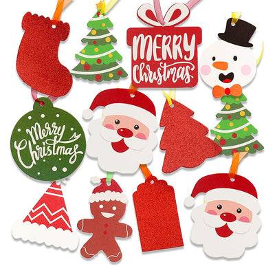 SULOLI Christmas Gift Tags, 100 Pieces Colorful Xmas Kraft Paper Tags Hanging Labels with Organza Strings for Xmas Gift Decorations (Assorted 10 Styles)