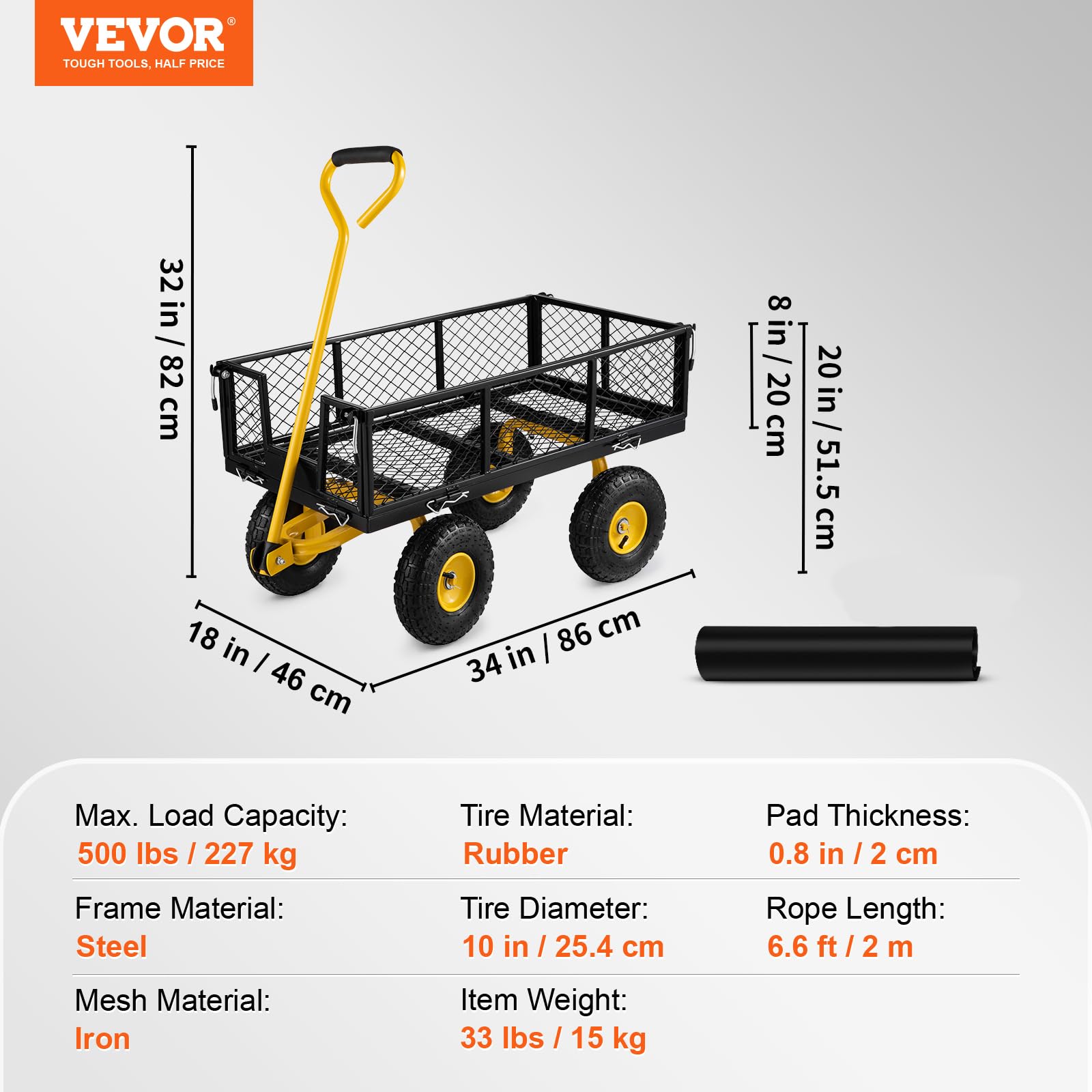 VEVOR Steel Garden Cart, Heavy Duty 500 lbs Capacity, with Removable Mesh Sides to Convert into Flatbed, Utility Metal Wagon with 180° Rotating Handle and 10 in Tires, Perfect for Garden, Far - WoodArtSupply