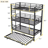 JIJIWANG Metal Twin Size Triple Bunk Bed with Trundle for 4, 3 Bunk Beds with 2 Ladders & Guardrails, Convertible to 3 Separate Beds, Space-Saving, Black JIJIWANG