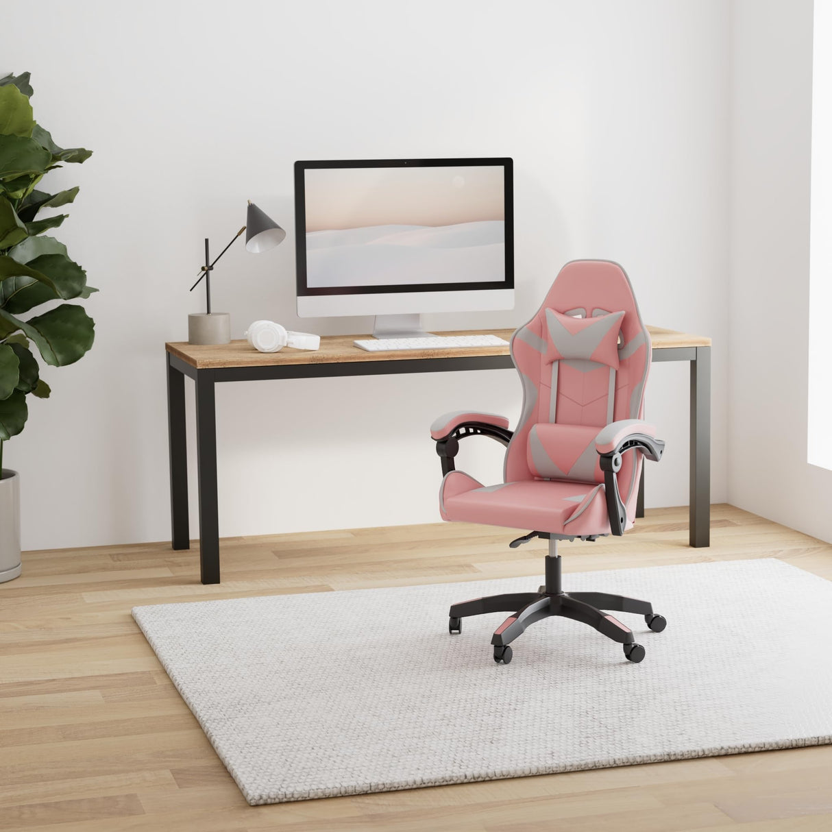 Pink Gaming Chair, Big and Tall Gamer Chair, Racing Style Adjustable Swivel Office Chair, Ergonomic Video Game Chairs with Headrest and Lumbar Support Simple Deluxe
