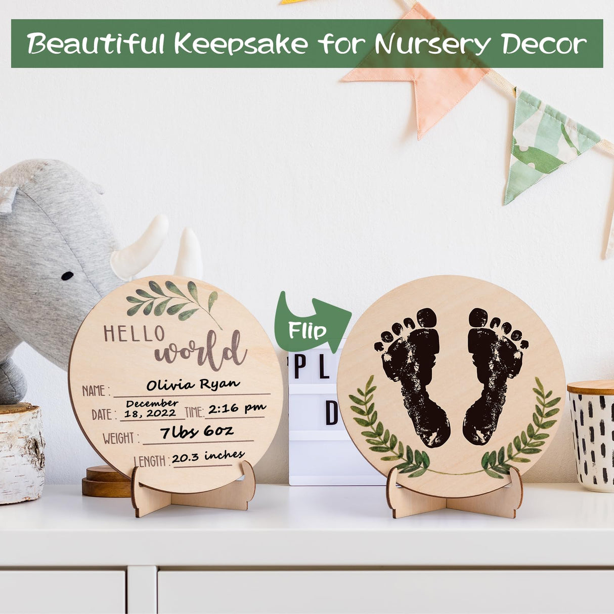 Baby Announcement Sign for Welcome Baby - Double-Sided Hello World Newborn Name Sign for Hospital with Marker and Stand, Wooden Birth Announcement Giftacity