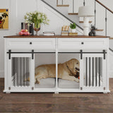 63'' Dog Crate Furniture for 2 Dogs, Wooden Dog Crate Table Furniture with 2 Storage Drawers, Indoor Dog Kennel with Divider and Double Sliding Doors, Large Pet House, White Cage Natural Wood Tabletop Kurhwyss