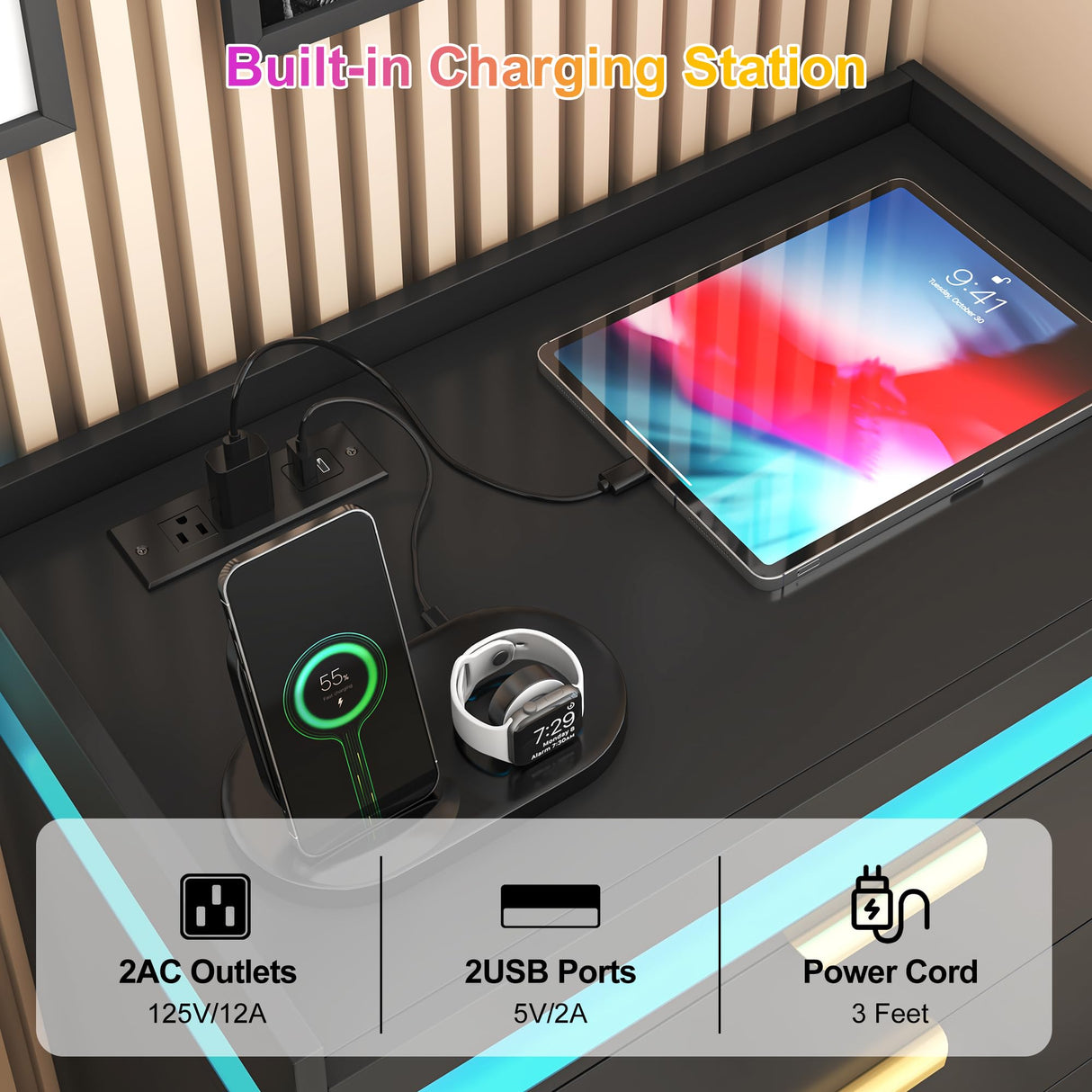 knoworld Tall Dresser for Bedroom, Black Dresser with LED Lights, Wood 5 Drawer Chest with Power Outlet, Modern Chest of Drawers for Bedroom, Living Room, Entryway, Hallway knoworld