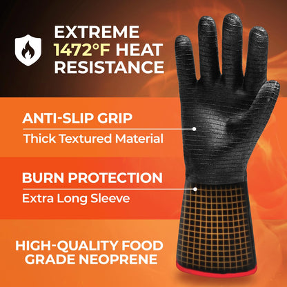 TECEUM BBQ Grill Gloves – Extreme Heat Resistant 1472 F – Extra Long Sleeve Protection – Non Slip Grip Oven Gloves for Barbecue, Grilling, Cooking, Smoking, Deep Frying, Rotisserie – XL Size