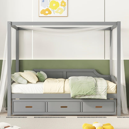 Twin Size Canopy Bed Frame with 3 Storage Drawers,Wood Canopy Bed Frame,4-Post Canopy Bed Twin Size for Kids,Teens,Adults,Gray