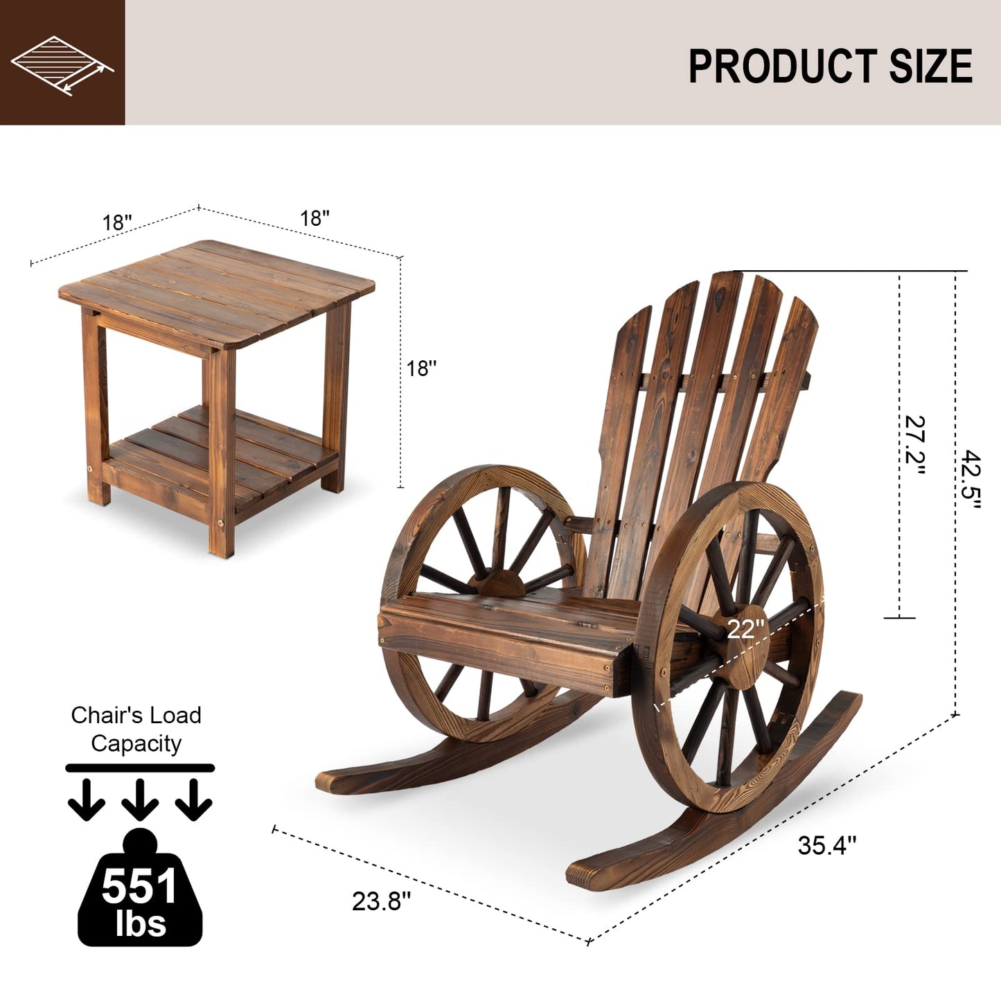 FURNDOOR 3 PCs Patio Rocking Chair Set, Outdoor Wooden Rocker Bistro Set with Coffee Table Wagon Wheel Rustic Chairs for Garden Country Yard - WoodArtSupply