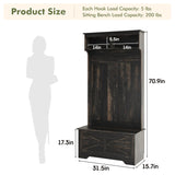 Maupvit Hall Tree with Storage Bench, 71" Entryway Bench with Coat Rack & Storage Cabinet, 4-in-1 Mud Room Organization with Seating, 5 Hooks, Retro Accent Coat Tree for Living Room, Rustic Dark Brown Maupvit