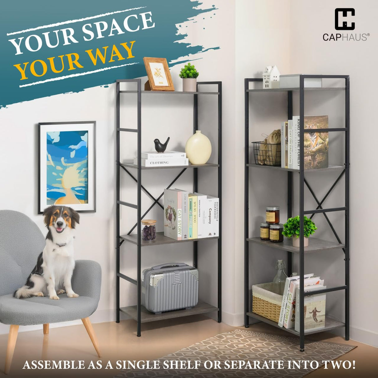 CAPHAUS Triple Column 4 Tier Bookshelf, Industrial Triple Bookcase with 11 Open Display Shelves, Adjustable Wide Shelf for Living Room, Bedroom, Home and Office, White CAPHAUS