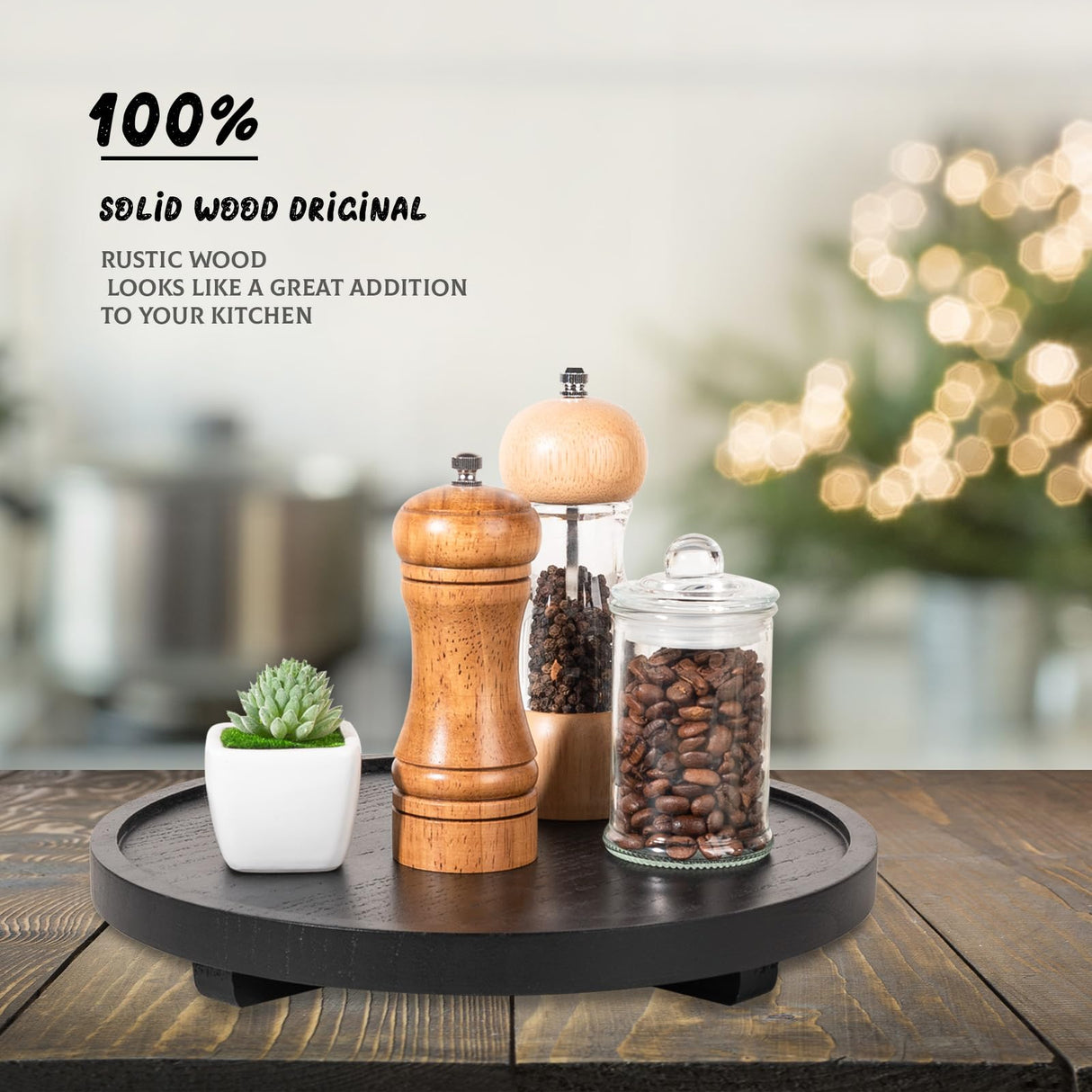 Round Decorative Tray Wood Bathroom Counter Organizer Farmhouse Kitchen Decor Wooden Riser for Soap Dish, Perfume, Candle, Sponge, 11" - Black zoocatia