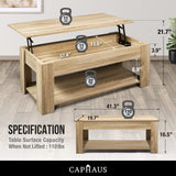 CAPHAUS Lift Top Coffee Table w/Storage, Storage Coffee Table w/Lift Top for Living Room, Rising Tabletop Coffee Table w/Hidden Compartment, Coffee Table w/Bottom Open Shelf, 41" Natural Oak CAPHAUS