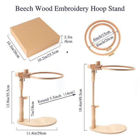 ZOCONE Beech Wood Adjustable Rotated Embroidery Hoop Stand with 2 Pcs 6'' 8'' Embroidery Hoops, Wooden Embroidery Stand, Embroidery Hoop Holder for Cross Stitch and Embroidery Project (A) ZOCONE