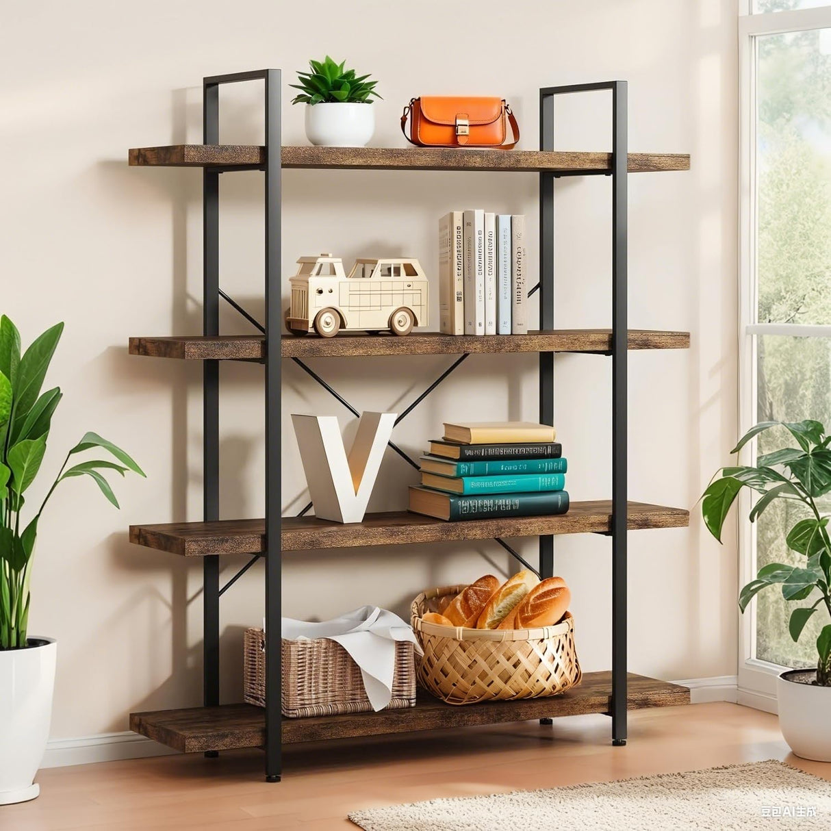 VKUCI 4 Tier Book Shelf, 47'' Wide Wood Industrial Bookshelf, 120lbs Shelf Capacity, Open Storage Shelves, 55'' Tall Heavy Duty Display Shelving, Rustic Brown Bookcase for Bedroom,Living Room,Office VKUCI
