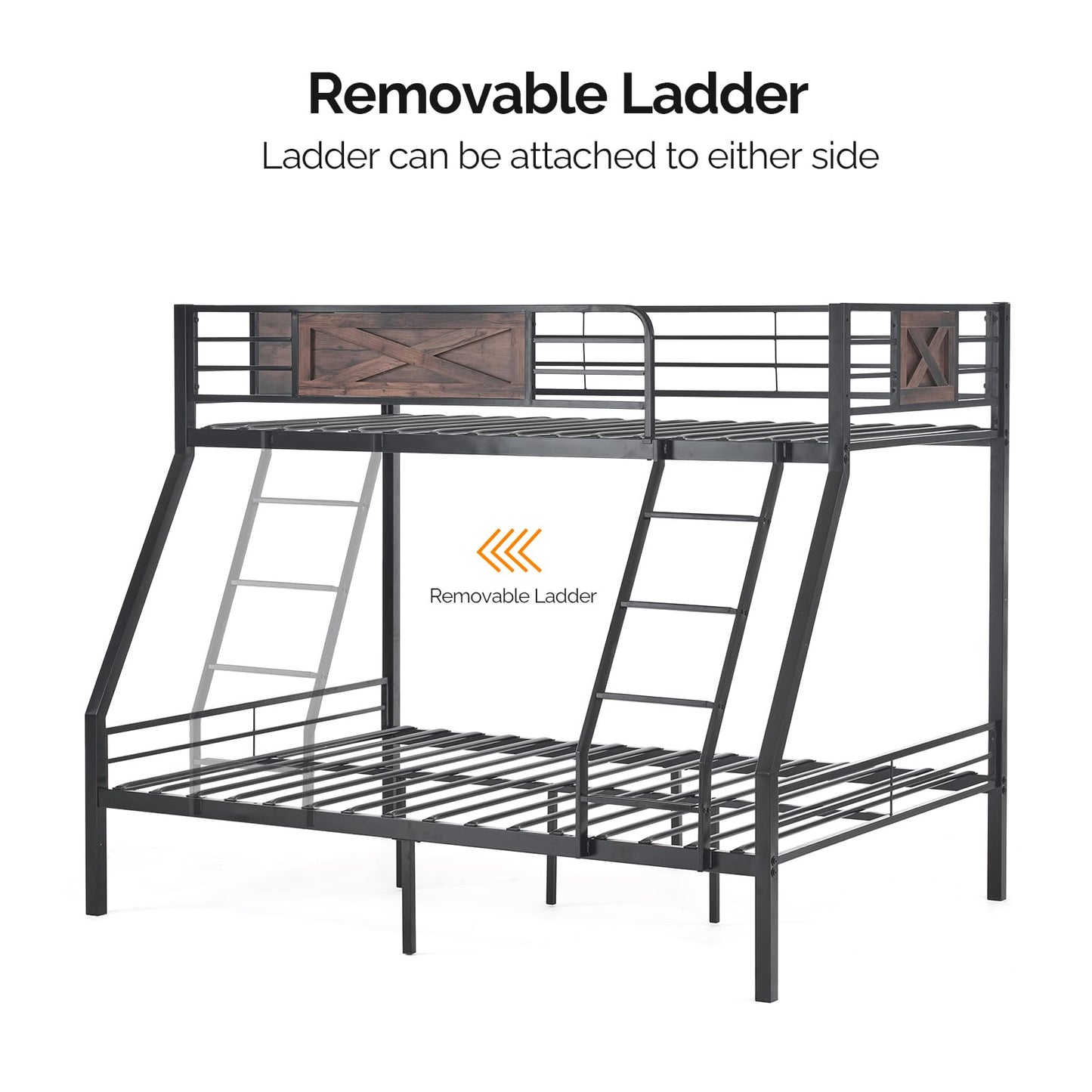 VINGLI Bunk Bed Twin Over Full Size with 2 Storage Drawers/Flat Rungs/Inclined Ladder, Heavy Duty Metal Slat Support, No Box Spring Needed, Black/Industrial Brown