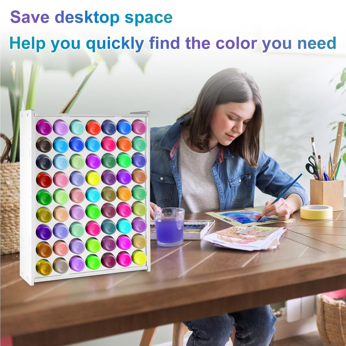 PEUTIER Paint Organizer, 63 Holes Acrylic Paint Storage, Vertical Rack Stand for 2oz Craft Paints, Wall Mounted PEUTIER