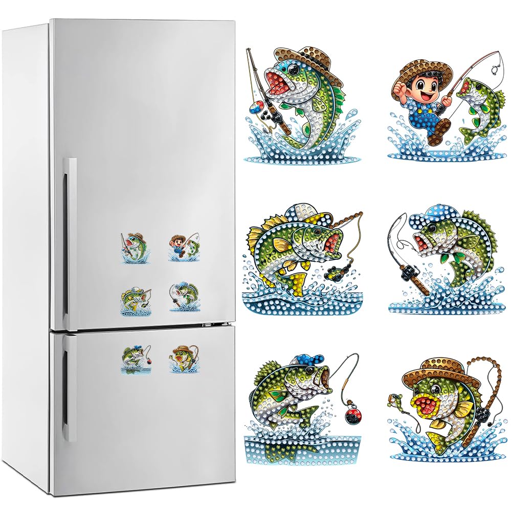 6Pcs Diamond Art Painting Kits, Fishing Diamond Fridge Magnet for Adults 5D Rhinestones Refrigerator Magnetic Stickers for Fridge DIY Crafts Gifts Generic