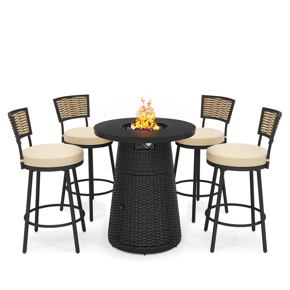 PIZZELLO 5 Pieces Outdoor Patio Furniture Set w/ 37" Propane Fire Table and 4 Swivel Barstools Chairs Outdoor Wicker Rattan Conversation Sets of 5 for Outside Porch, Balcony (Black) PIZZELLO