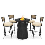 PIZZELLO 5 Pieces Outdoor Patio Furniture Set w/ 37" Propane Fire Table and 4 Swivel Barstools Chairs Outdoor Wicker Rattan Conversation Sets of 5 for Outside Porch, Balcony (Black) PIZZELLO