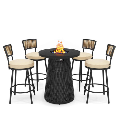 PIZZELLO 5 Pieces Outdoor Patio Furniture Set w/ 37" Propane Fire Table and 4 Swivel Barstools Chairs Outdoor Wicker Rattan Conversation Sets of 5 for Outside Porch, Balcony (Black) PIZZELLO