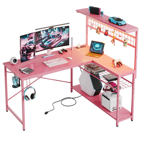 Bestier Gaming Desk 51" L-Shaped, with Power Outlets & LED Lights- 4 Tier Shelves, Reversible Gamer Table with Hooks & Cup Holder for Home Office Carbon Fiber Pink Bestier