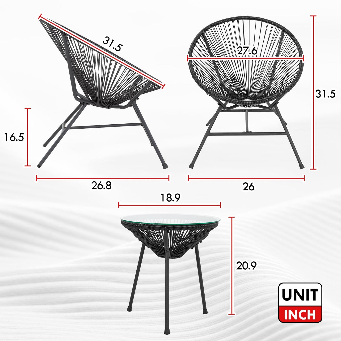 Acapulco Patio Bistro Set 3-Piece Outdoor Furniture Set All-Weather Woven Rope Patio Conversation Set with Glass Top Table and 2 Chairs (Black) - WoodArtSupply