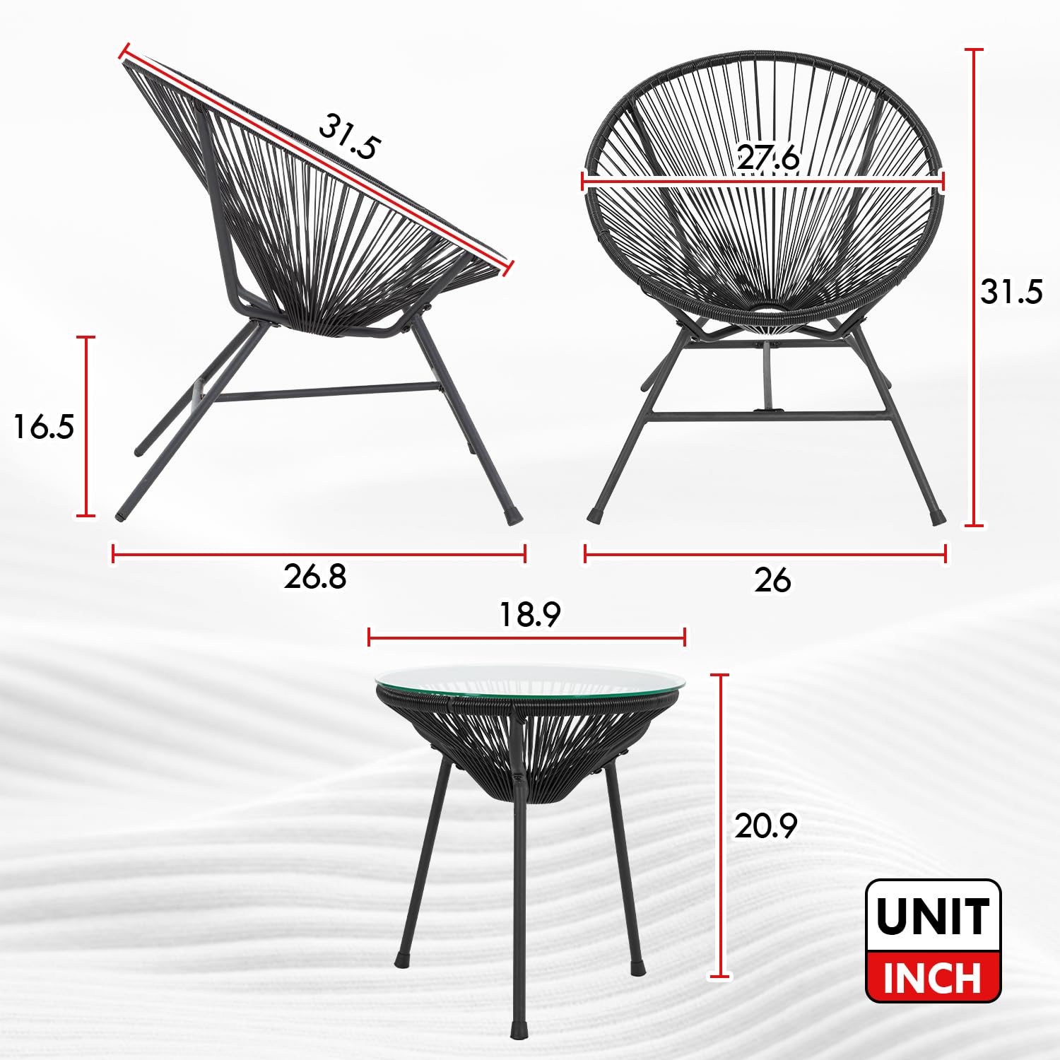 Acapulco Patio Bistro Set 3-Piece Outdoor Furniture Set All-Weather Woven Rope Patio Conversation Set with Glass Top Table and 2 Chairs (Black) - WoodArtSupply