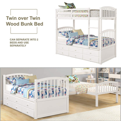 Harper&Bright Designs Twin Over Twin Bunk Bed with Twin Trundle, 3 Storage Drawers, Safety Rail, and Removable Ladder, Can be Separated into 3 Bed, White