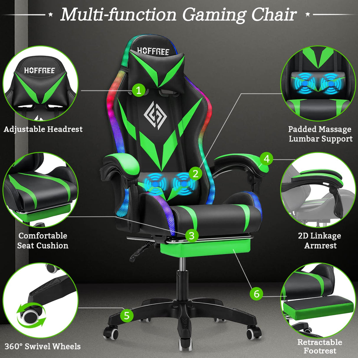 Gaming Chair with Bluetooth Speakers and RGB LED Lights Ergonomic Massage Computer Gaming Chair with Footrest Video Game Chair High Back with Lumbar Support Light Green and Black VANSPACE
