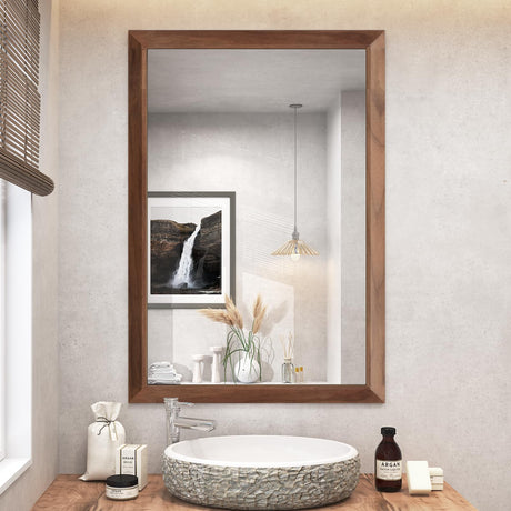 SMIROR 24x36 Inch Wood Grain Bathroom Mirrors for Over Sink, Walnut Metal Framed Vanity Mirror for Wall, Rectangular, Right Angle Corner, Thick Frame (Horizontally/Vertically) SMIROR