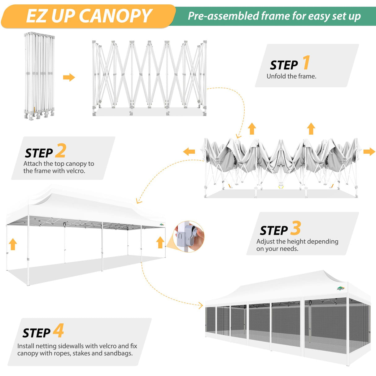 COBIZI 10x30 Pop up Canopy Tent with Sidewalls, Heavy Duty Easy Set up Outdoor Canopy with Mosquito Net Pop up Screen Tent for Parties, Screened in Canopy with Net for Backyard with Roller Bag, White COBIZI