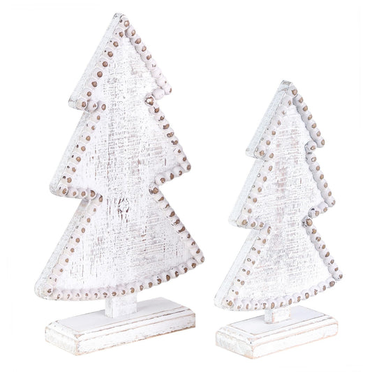 BAYSBAI Wooden Christmas Trees Tabletop Decoration Set of 2,Rustic Beaded Christmas Centerpieces for Tables,Shelf, Mantel,Office Desk,Small Xmas Trees Farmhouse Decor for Winter White