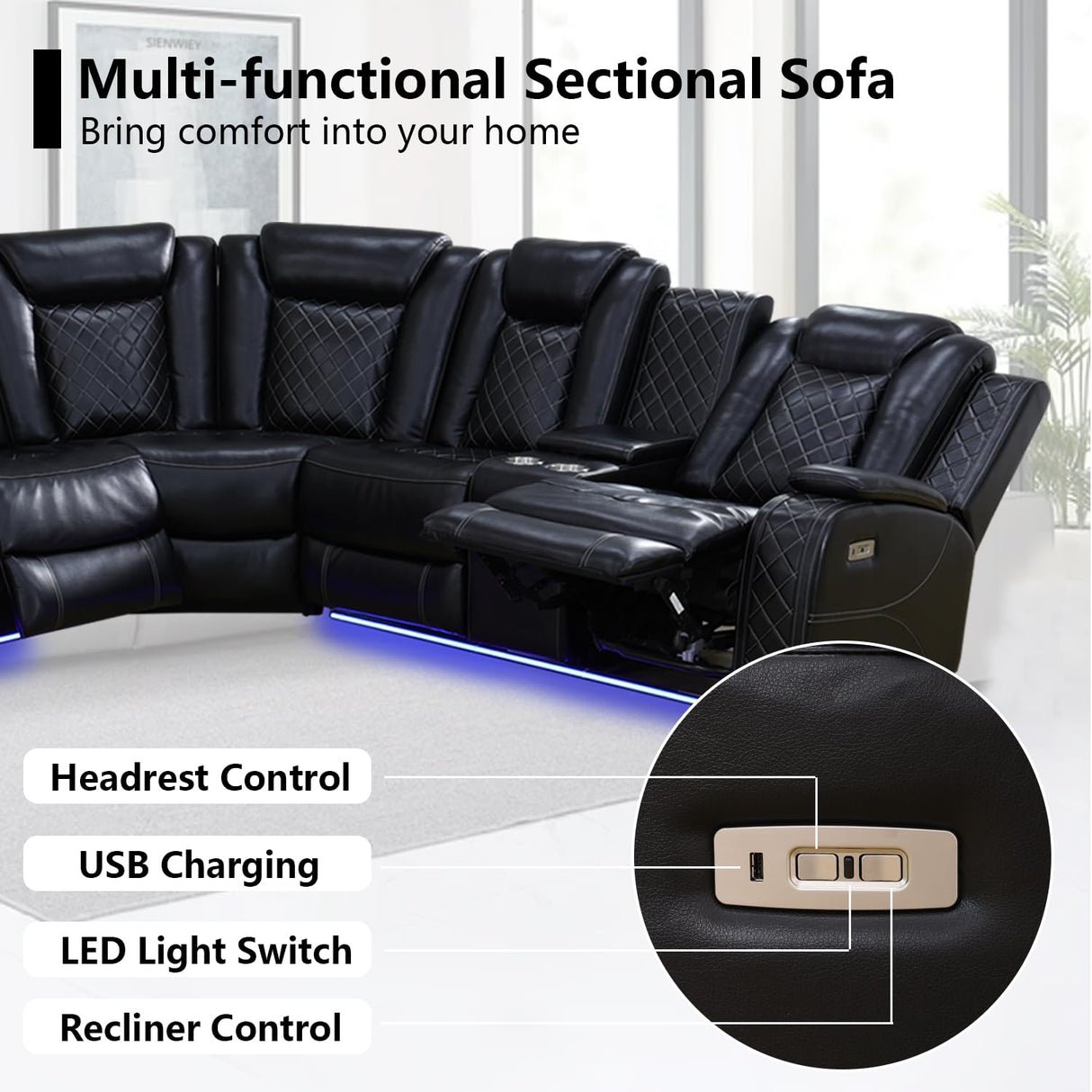 SIENWIEY Black Leather Power Reclining Sectional Sofa，Sectional Couch with Recliner Living Room Set with LED Light/Read Light/Storage Console/USB Port/Wireless Charge/Home Theater Seat SIENWIEY