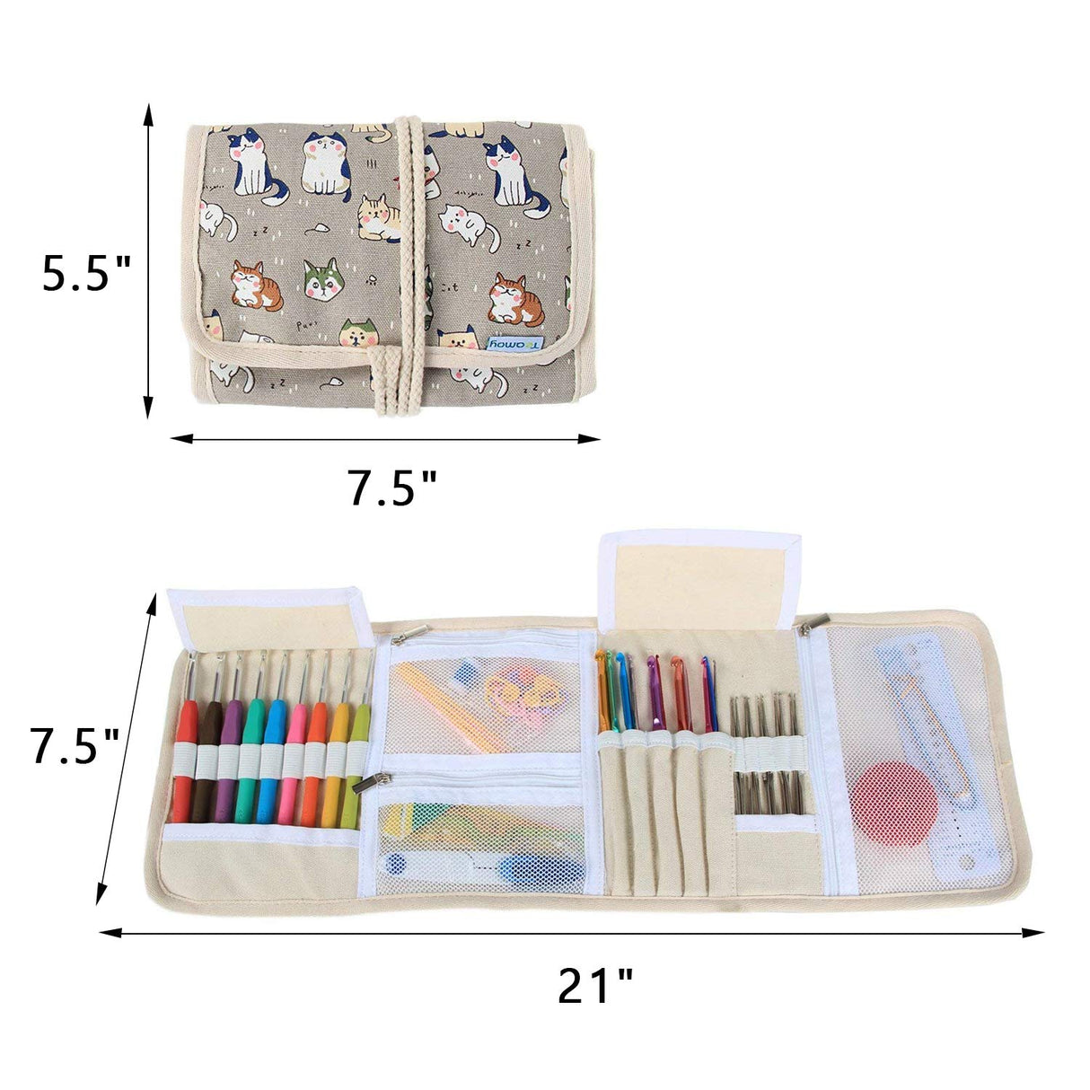 Teamoy Crochet Hook Case, Roll Bag Holder Organizer for Various Crochet Needles and Knitting Accessories, Cartoon Cats Teamoy